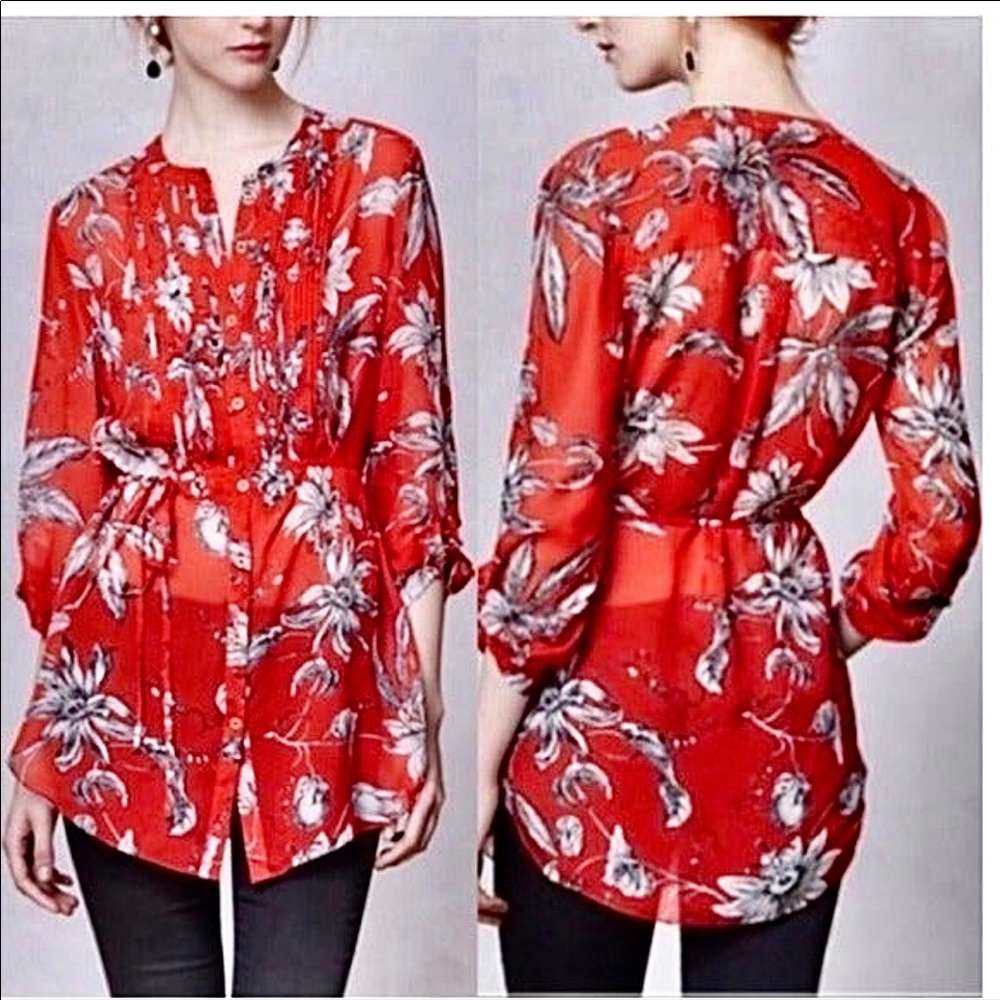 Anthropologie Red Floral Silk Tunic Size 4